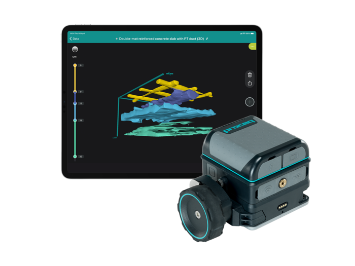 GP8800 Concrete inspections and structural imaging with SFCW ground penetrating radar technology now fits at the palm of your hand